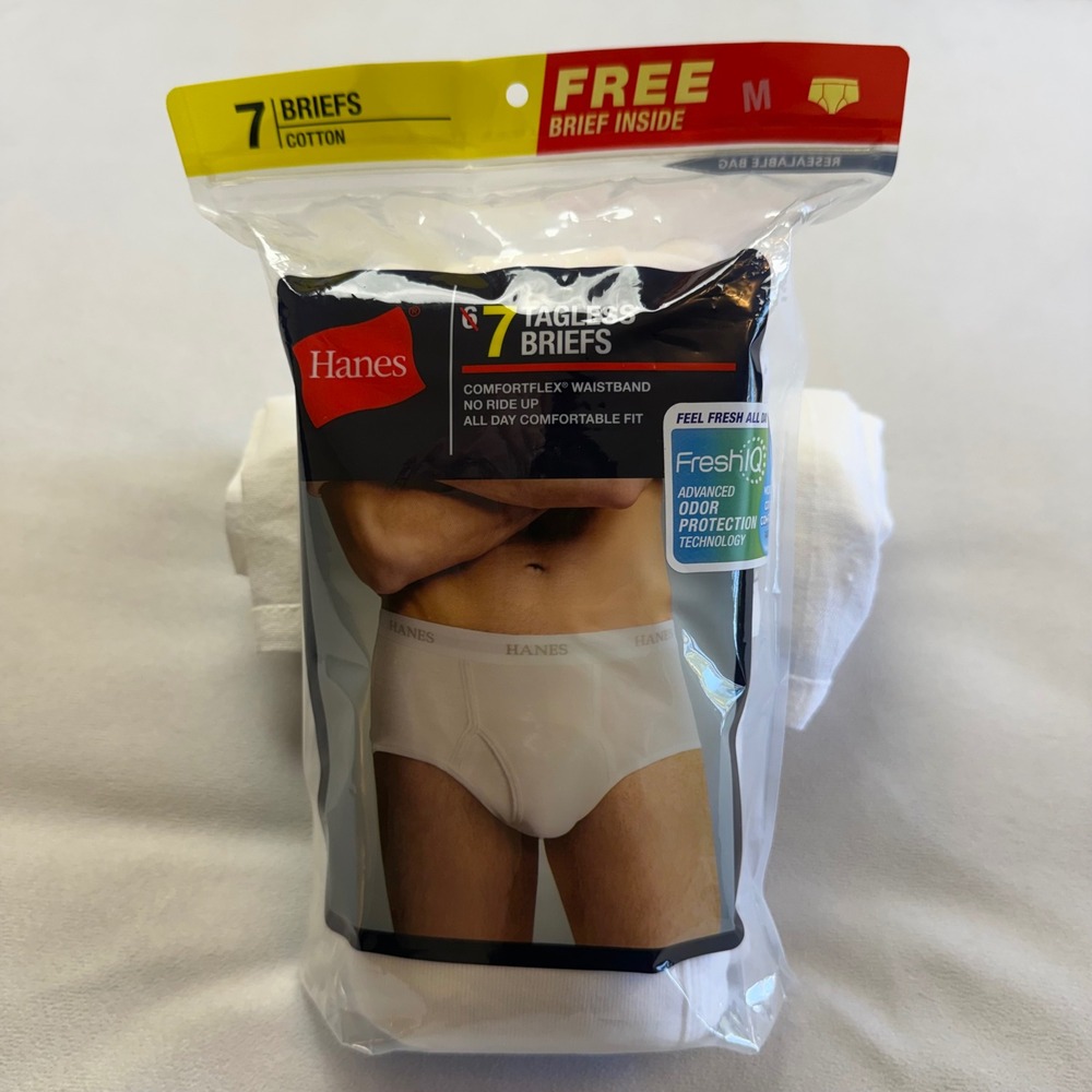 Hanes Mens Tagless Briefs 6 Pack + 1 Free White Cotton Underwear Medium J252W7